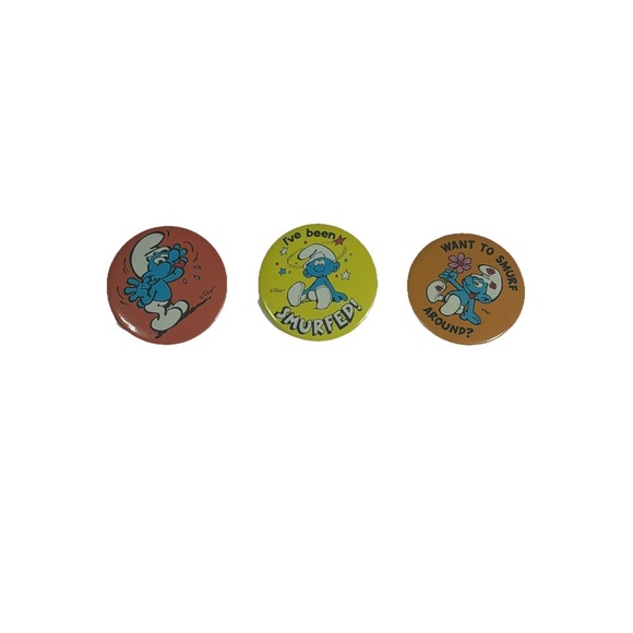 Other - 3 Vintage Smurfs Buttons Pin Back Lot 1980 80's retro pins Smurf